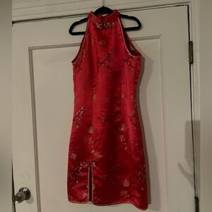 VINTAGE 90’s Red Satin Sleeveless Halter Chinese Cheongsam Dress S